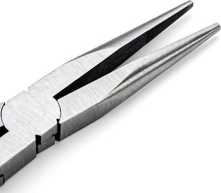 Macro close-up of the straight needle nose jaws of the GEARWRENCH long reach pliers, highlighting the durable alloy steel finish and high-precision gripping surface.