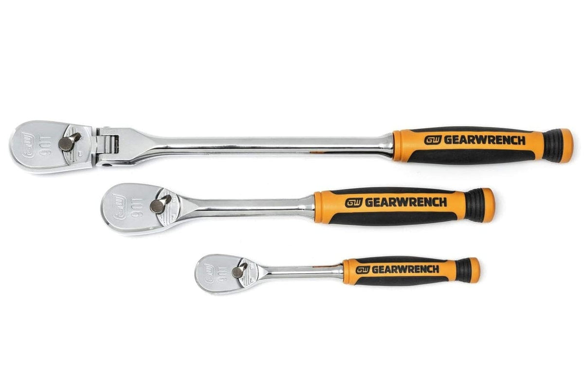A studio shot of the 3-piece GEARWRENCH ratchet set, showing the 1/4-inch fixed, 3/8-inch fixed, and 3/8-inch long-handle flex-head ratchets.
