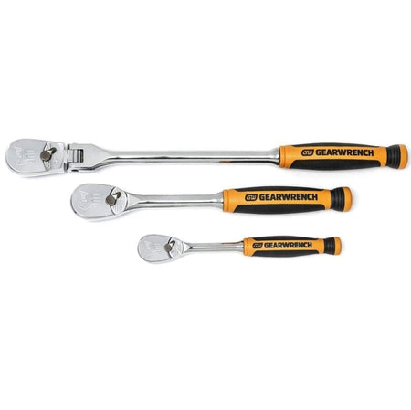 A studio shot of the 3-piece GEARWRENCH ratchet set, showing the 1/4-inch fixed, 3/8-inch fixed, and 3/8-inch long-handle flex-head ratchets.
