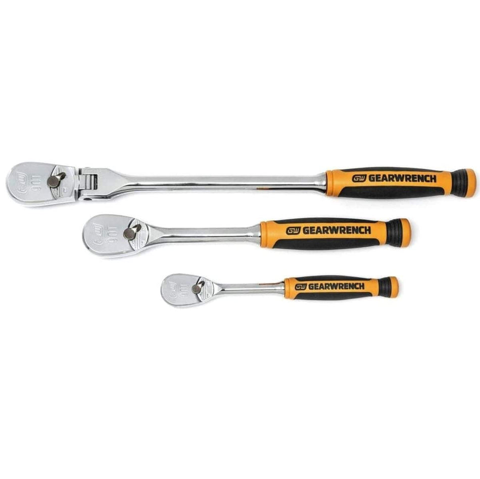 A studio shot of the 3-piece GEARWRENCH ratchet set, showing the 1/4-inch fixed, 3/8-inch fixed, and 3/8-inch long-handle flex-head ratchets.