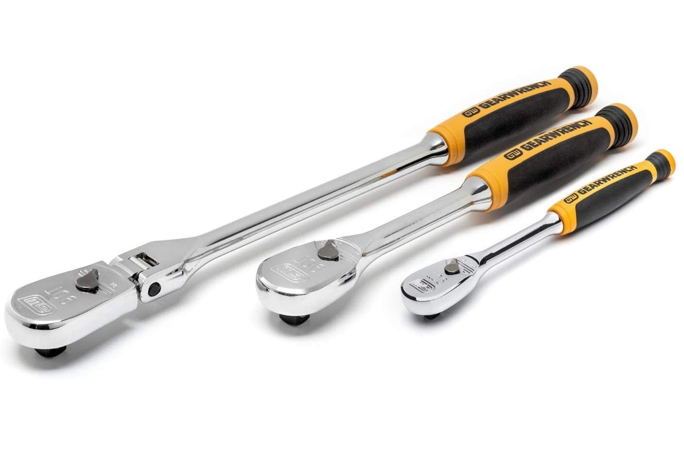 A three-quarter angle studio shot of all three ratchets in the GEARWRENCH 81203T set, showing two fixed-head ratchets and one long-handle flex-head ratchet.