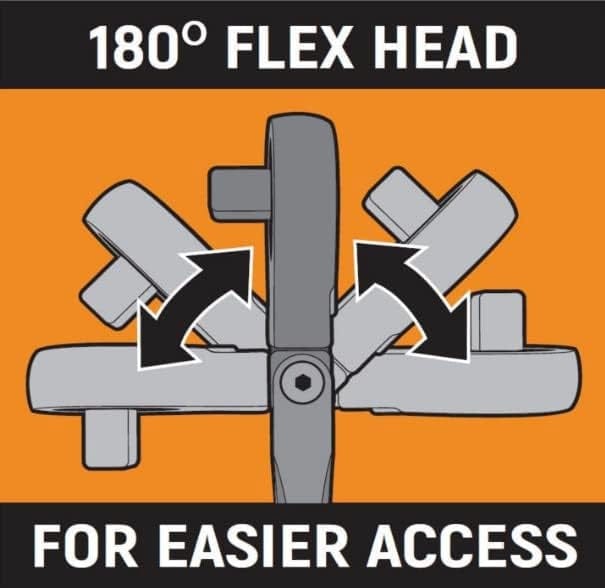 A diagram illustrating the 180-degree flex head feature for easier access in tight spaces.