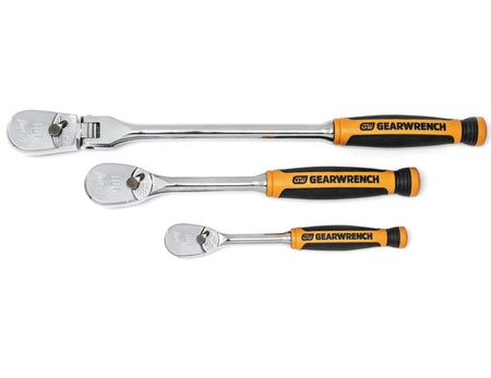 A studio shot of the 3-piece GEARWRENCH ratchet set, showing the 1/4-inch fixed, 3/8-inch fixed, and 3/8-inch long-handle flex-head ratchets.