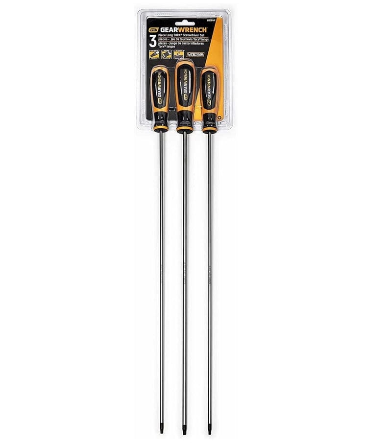 The GEARWRENCH 3-piece extra long Torx screwdriver set in its retail packaging, showcasing the three screwdrivers with their long metal shafts and yellow and black dual material handles.