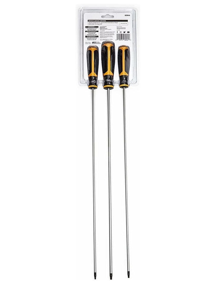 The reverse side of the packaging for the GEARWRENCH 3-piece extra long Torx screwdriver set, showing the full length of the three shafts and the yellow and black handles.