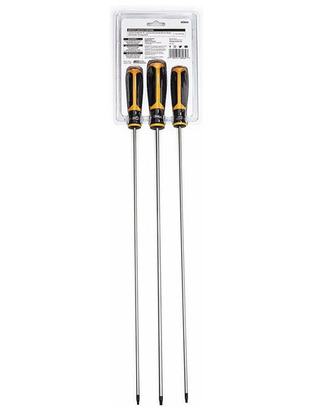 The reverse side of the packaging for the GEARWRENCH 3-piece extra long Torx screwdriver set, showing the full length of the three shafts and the yellow and black handles.