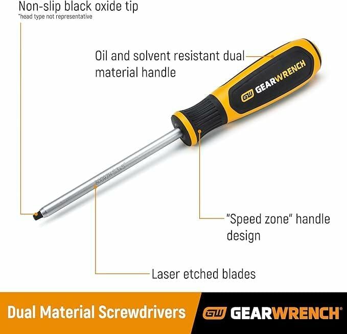 A detailed graphic of a GEARWRENCH dual material screwdriver, highlighting the non-slip black oxide tip, oil and solvent resistant handle, speed zone handle design, and laser etched blades.