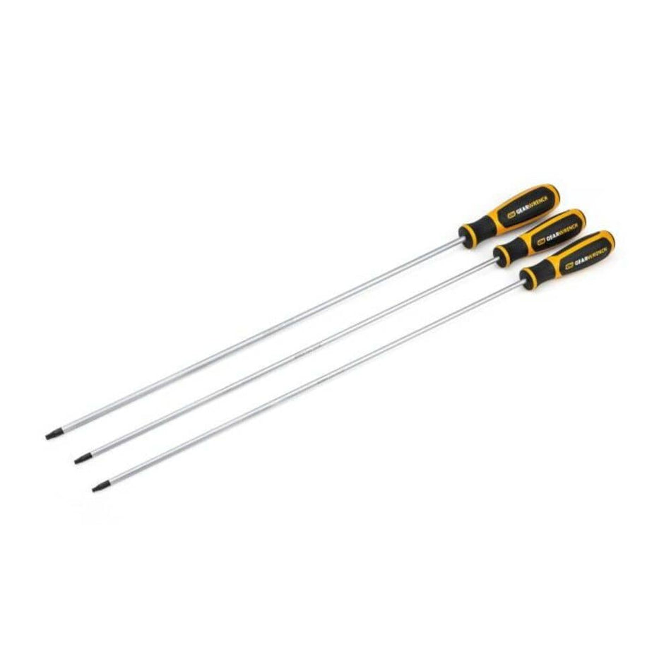 Three screwdrivers with black and yellow handles on a white background