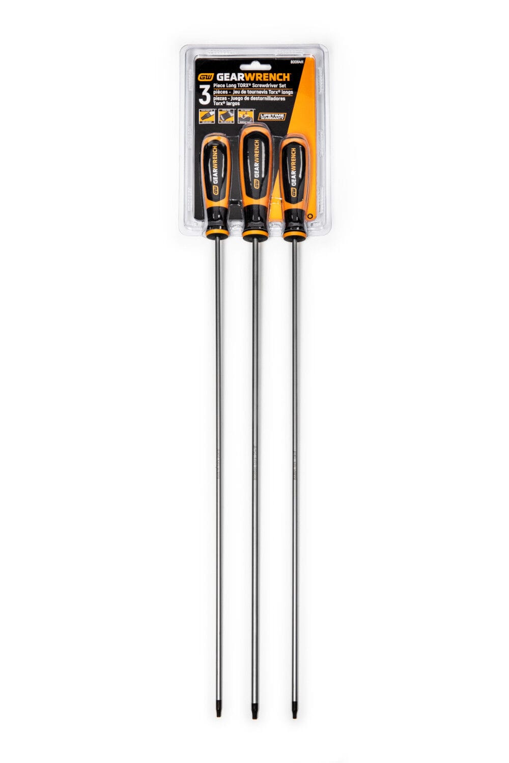 The GEARWRENCH 3-piece extra long Torx screwdriver set in its retail packaging, showcasing the three screwdrivers with their long metal shafts and yellow and black dual material handles.
