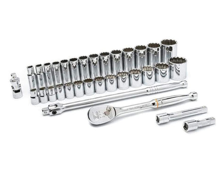 A comprehensive 33-piece GEARWRENCH 1/2 inch drive SAE mechanics tool set featuring a 90-tooth teardrop ratchet, breaker bar, standard and deep 12-point sockets, extension bars, and a universal joint in a professional full-polish chrome finish.