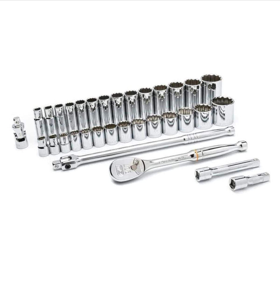 A comprehensive 33-piece GEARWRENCH 1/2 inch drive SAE mechanics tool set featuring a 90-tooth teardrop ratchet, breaker bar, standard and deep 12-point sockets, extension bars, and a universal joint in a professional full-polish chrome finish.