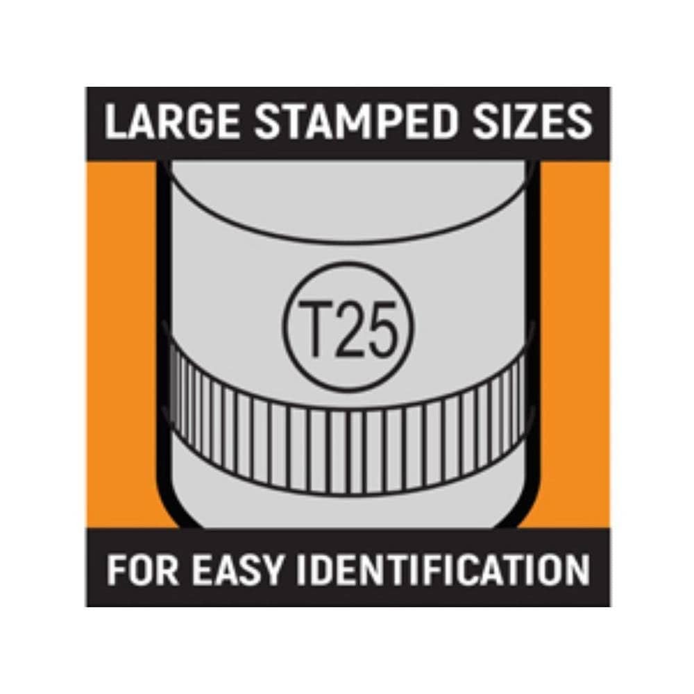 A technical marketing graphic showcasing the large, permanent hard-stamped size identification markings on a professional socket for rapid tool selection.