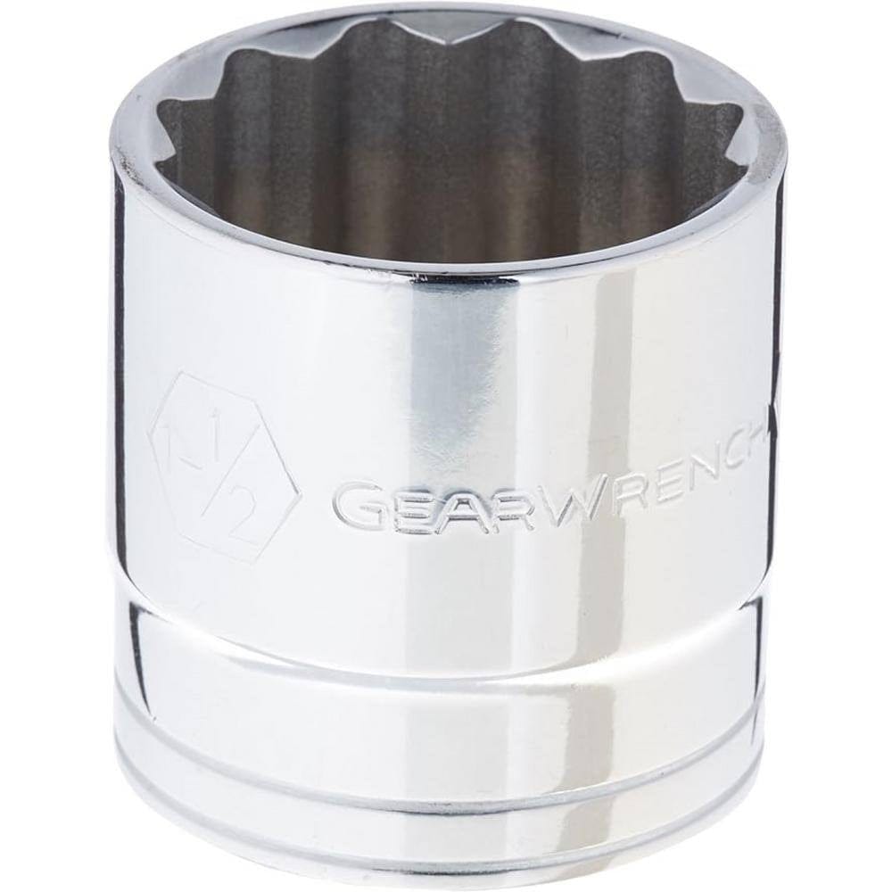 A close-up view of a single GEARWRENCH 1-1/2 inch 12-point socket showcasing the reflective full-polish chrome finish and high-precision double-hex internal drive profile.