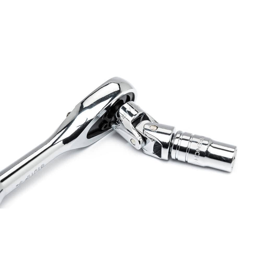 A GEARWRENCH 90-tooth teardrop ratchet attached to a universal joint and socket, demonstrating the high degree of articulation and reach provided by the professional mechanics tool set components.