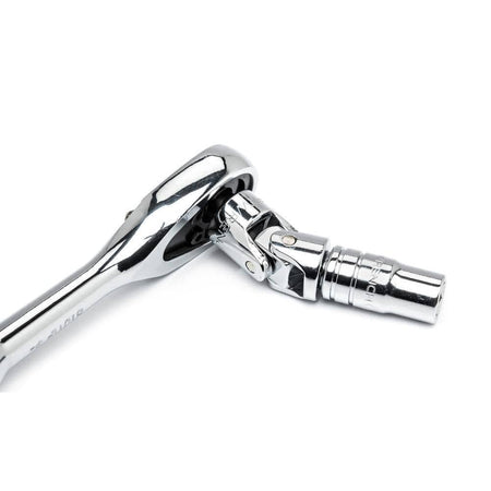A GEARWRENCH 90-tooth teardrop ratchet attached to a universal joint and socket, demonstrating the high degree of articulation and reach provided by the professional mechanics tool set components.