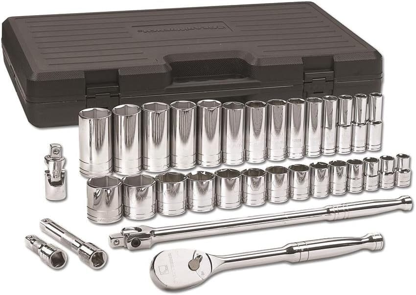 A GEARWRENCH 33-piece 1/2 inch drive SAE mechanics tool set featuring standard and deep 6-point sockets, a 90-tooth teardrop ratchet, a breaker bar, extensions, and a universal joint in a professional full-polish chrome finish with a durable black storage case.