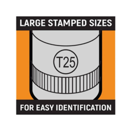 A technical marketing graphic showcasing large, permanent hard-stamped size identification markings on a professional socket for rapid tool selection.