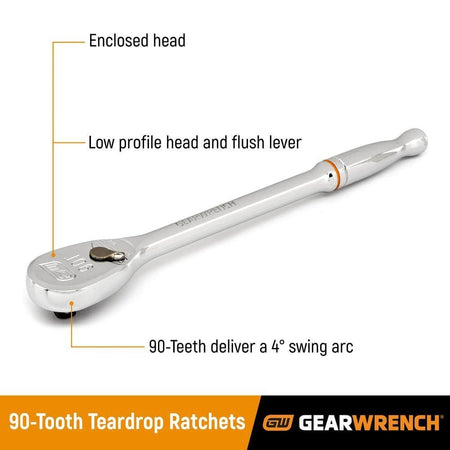 A marketing image of a GEARWRENCH 1/2 inch drive 90-tooth teardrop ratchet highlighting its enclosed head, low-profile design with a flush-mounted reversing lever, and a precise 4-degree swing arc for accessing fasteners in tight confines.