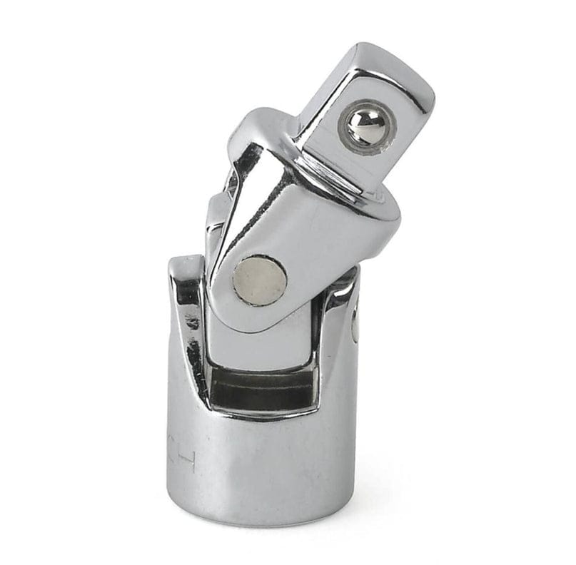 A detailed close-up view of a GEARWRENCH 1/2 inch drive impact-rated universal joint accessory, showcasing the swivel flex design and durable chrome-plated alloy steel construction for multi-angle fastener access.