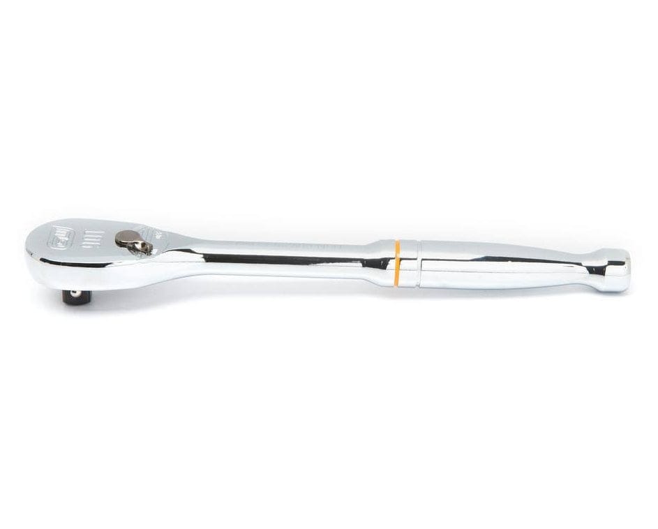A side-profile view of a professional GEARWRENCH 1/2 inch drive 90-tooth ratchet featuring a high-polish chrome finish, a slim handle design, and a flush-mounted reversing lever for increased access.