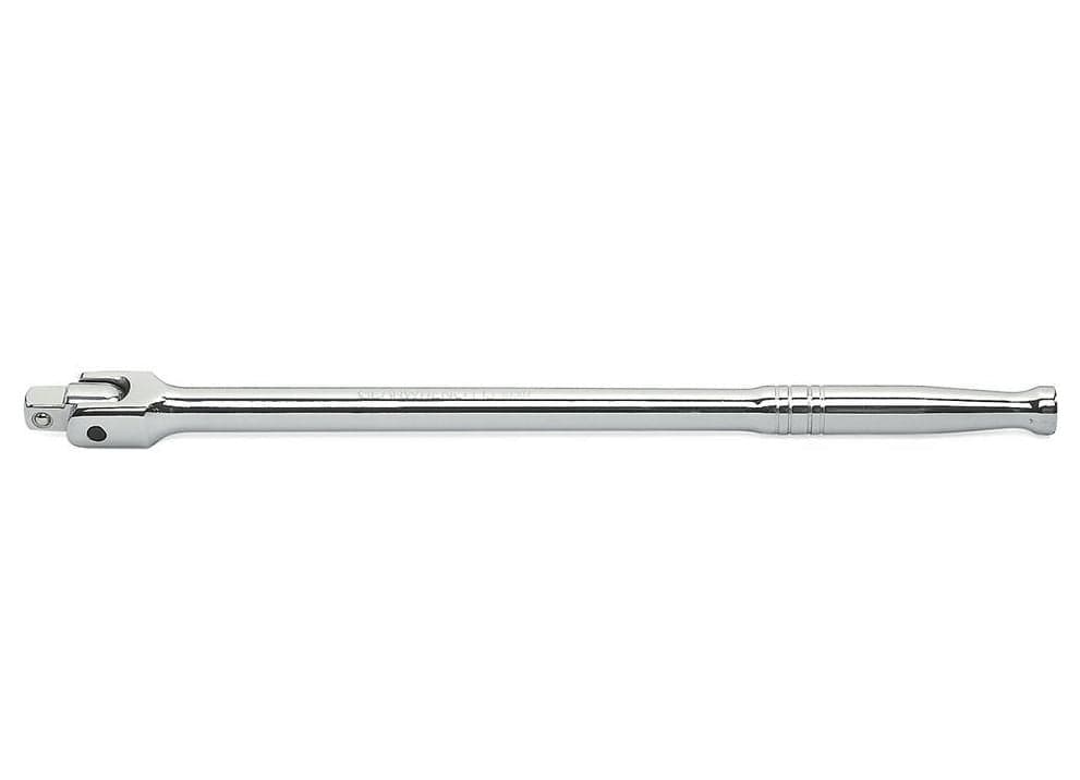 A side-profile shot of a GEARWRENCH 1/2 inch drive professional breaker bar, showcasing the high-polish chrome finish and long-pattern handle engineered for maximum leverage.