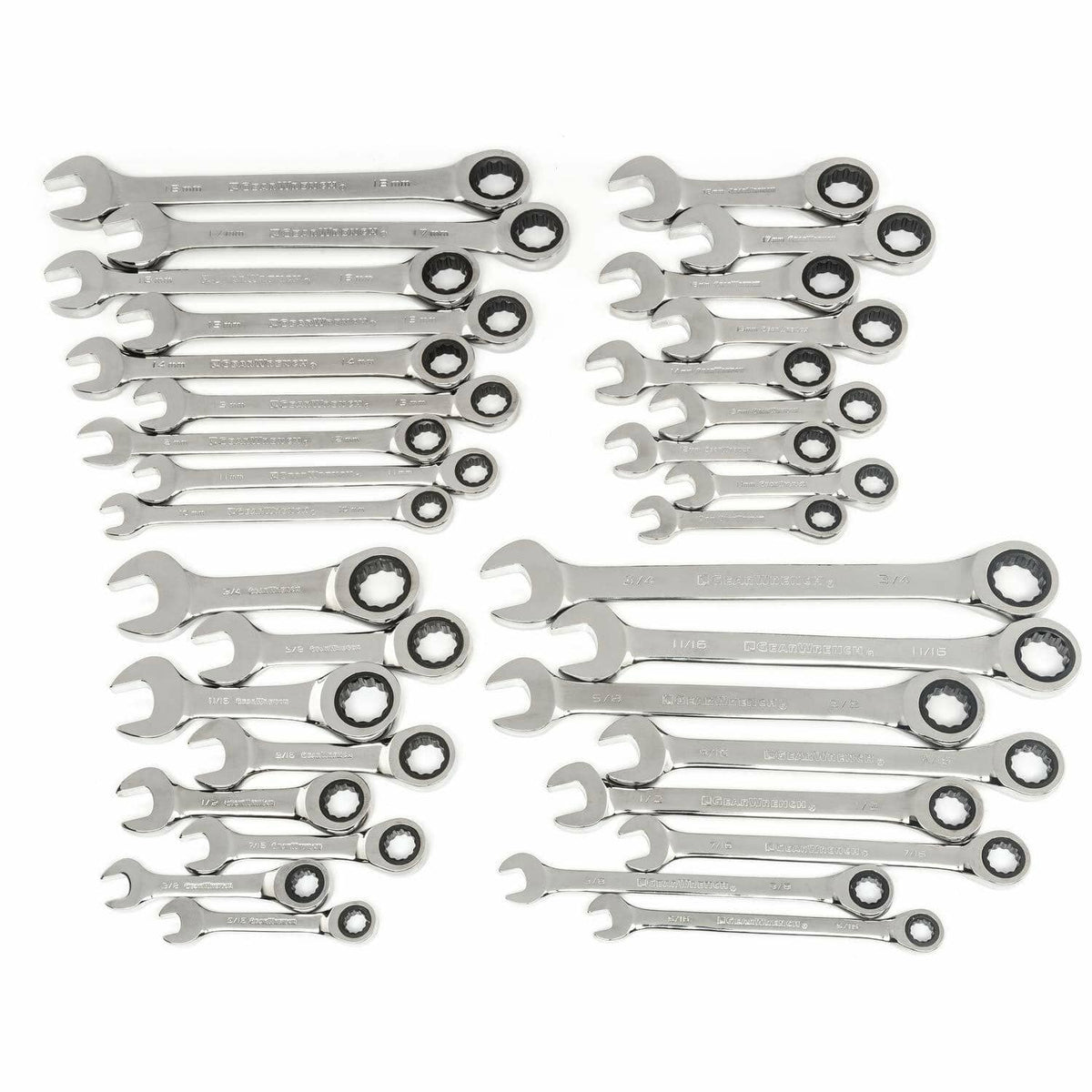 Organized set of GEARWRENCH combination ratcheting wrenches with open and box ends, showing engraved SAE and metric sizes in ascending order.