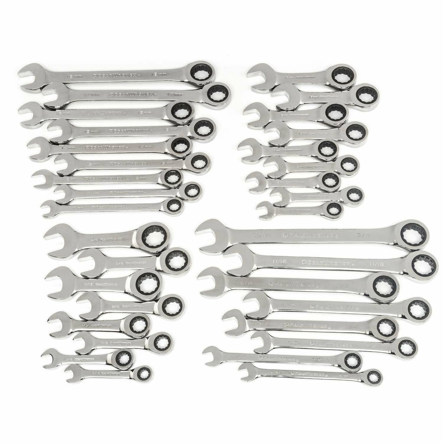 Organized set of GEARWRENCH combination ratcheting wrenches with open and box ends, showing engraved SAE and metric sizes in ascending order.