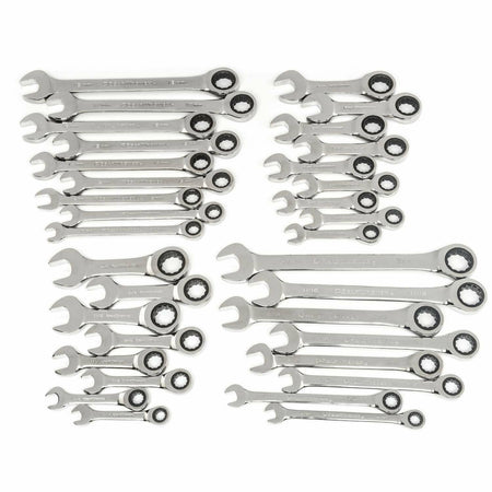 Organized set of GEARWRENCH combination ratcheting wrenches with open and box ends, showing engraved SAE and metric sizes in ascending order.