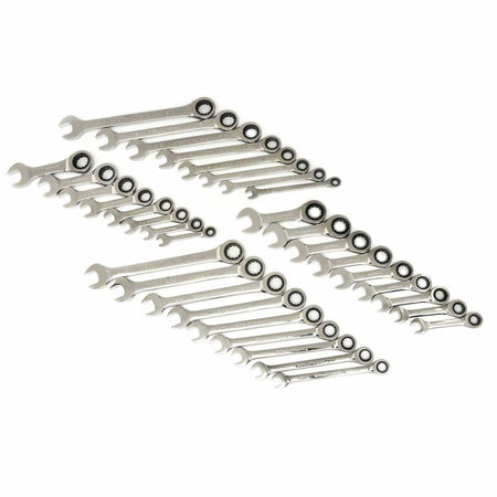 Full set of polished chrome ratcheting combination wrenches arranged in rows, showing both metric and SAE sizes for mechanical work.
