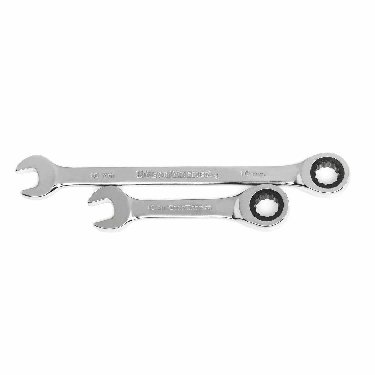 Two polished chrome GEARWRENCH combination wrenches with ratcheting box ends and open ends labeled 10 mm and 8 mm.