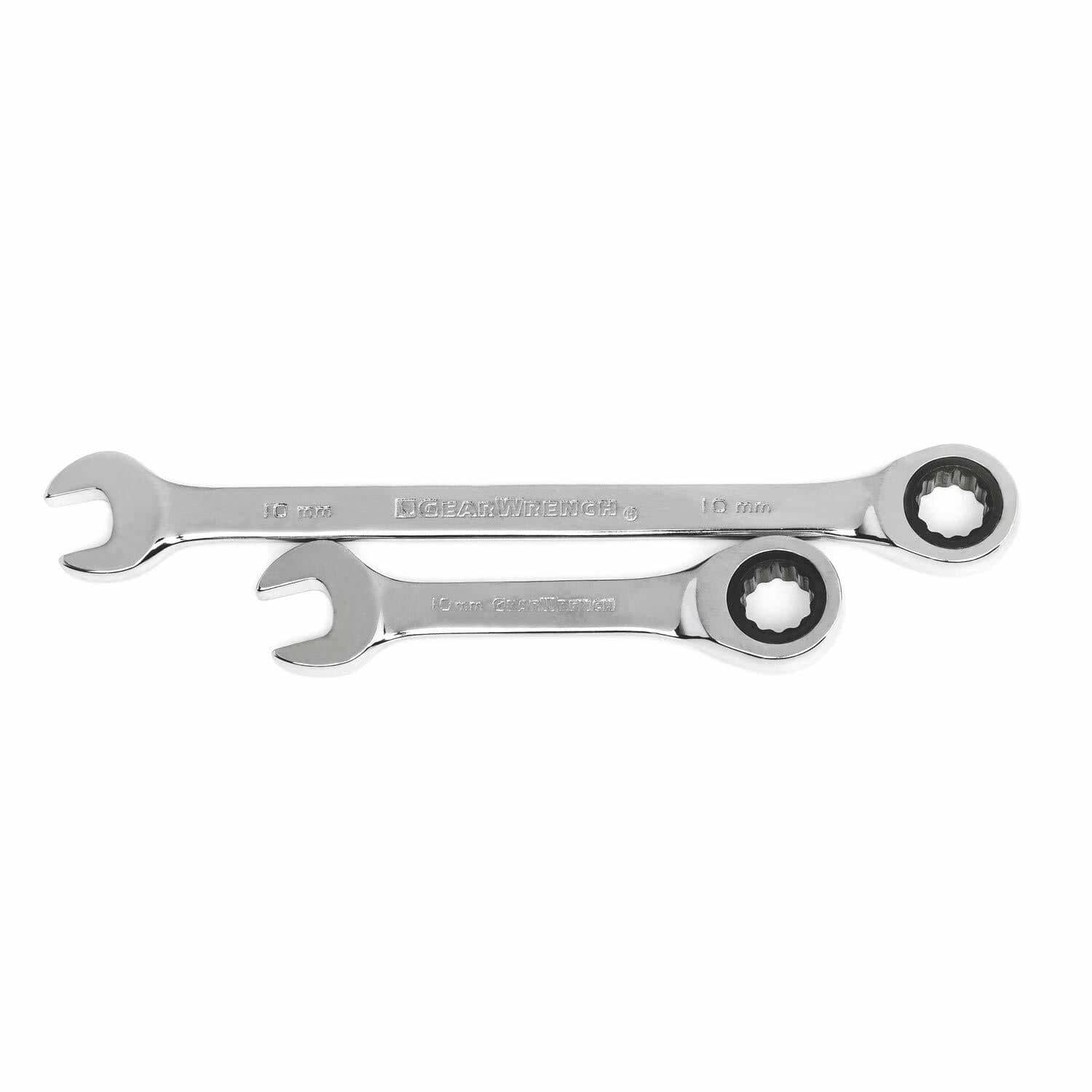 Two polished chrome GEARWRENCH combination wrenches with ratcheting box ends and open ends labeled 10 mm and 8 mm.