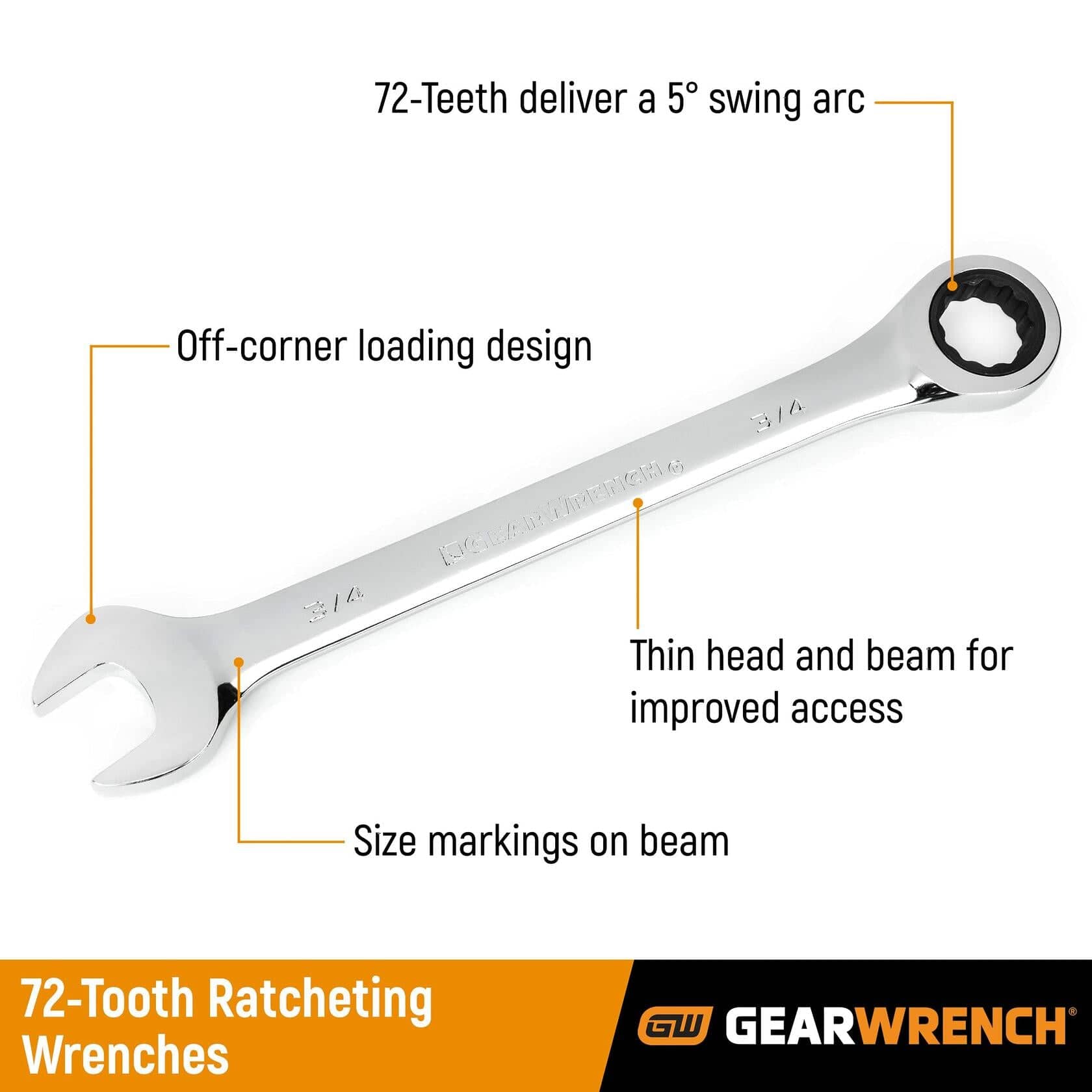 GEARWRENCH 3/4" ratcheting wrench with annotations highlighting 72-tooth swing arc, off-corner loading, thin head, and size markings
