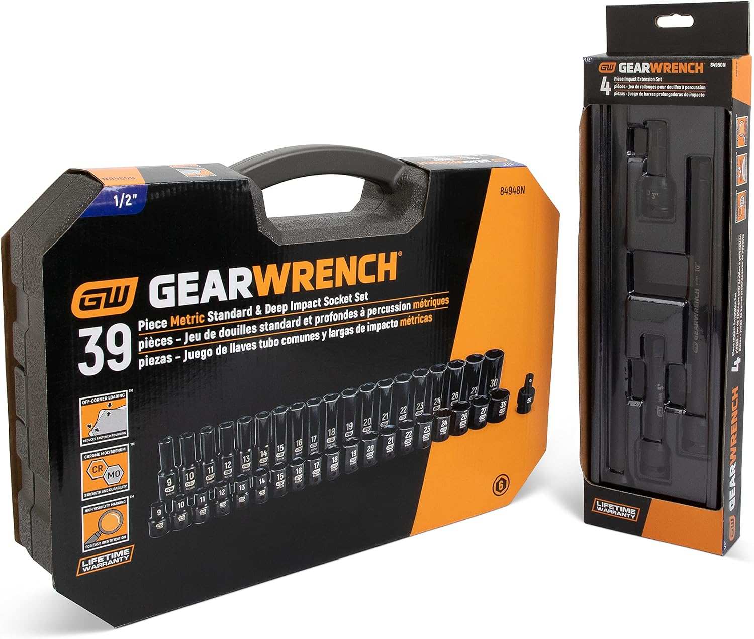 The front of the GEARWRENCH 84948N 39-piece socket set packaging, shown next to the retail packaging for the 84946N 4-piece impact extension set.