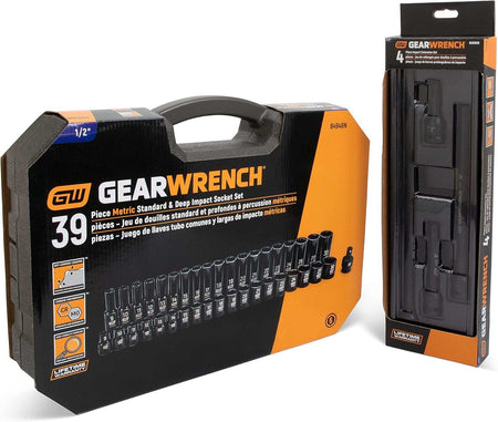 The front of the GEARWRENCH 84948N 39-piece socket set packaging, shown next to the retail packaging for the 84946N 4-piece impact extension set.