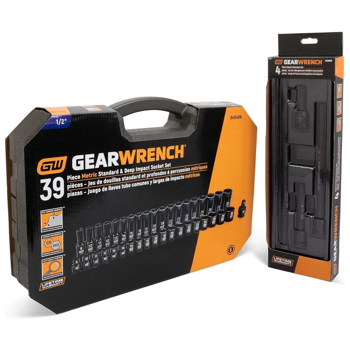 The front of the GEARWRENCH 84948N 39-piece socket set packaging, shown next to the retail packaging for the 84946N 4-piece impact extension set.