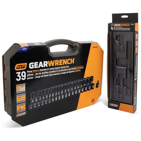 The front of the GEARWRENCH 84948N 39-piece socket set packaging, shown next to the retail packaging for the 84946N 4-piece impact extension set.