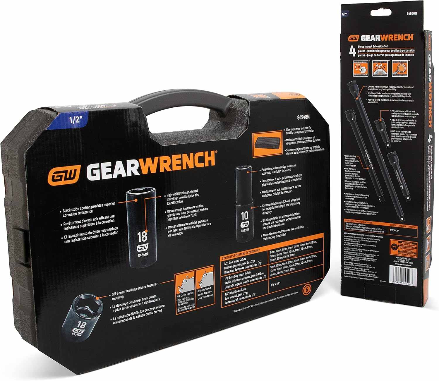 The back of the GEARWRENCH 84948N 39-piece socket set packaging, which details product features and also advertises the 84946N 4-piece impact extension set.