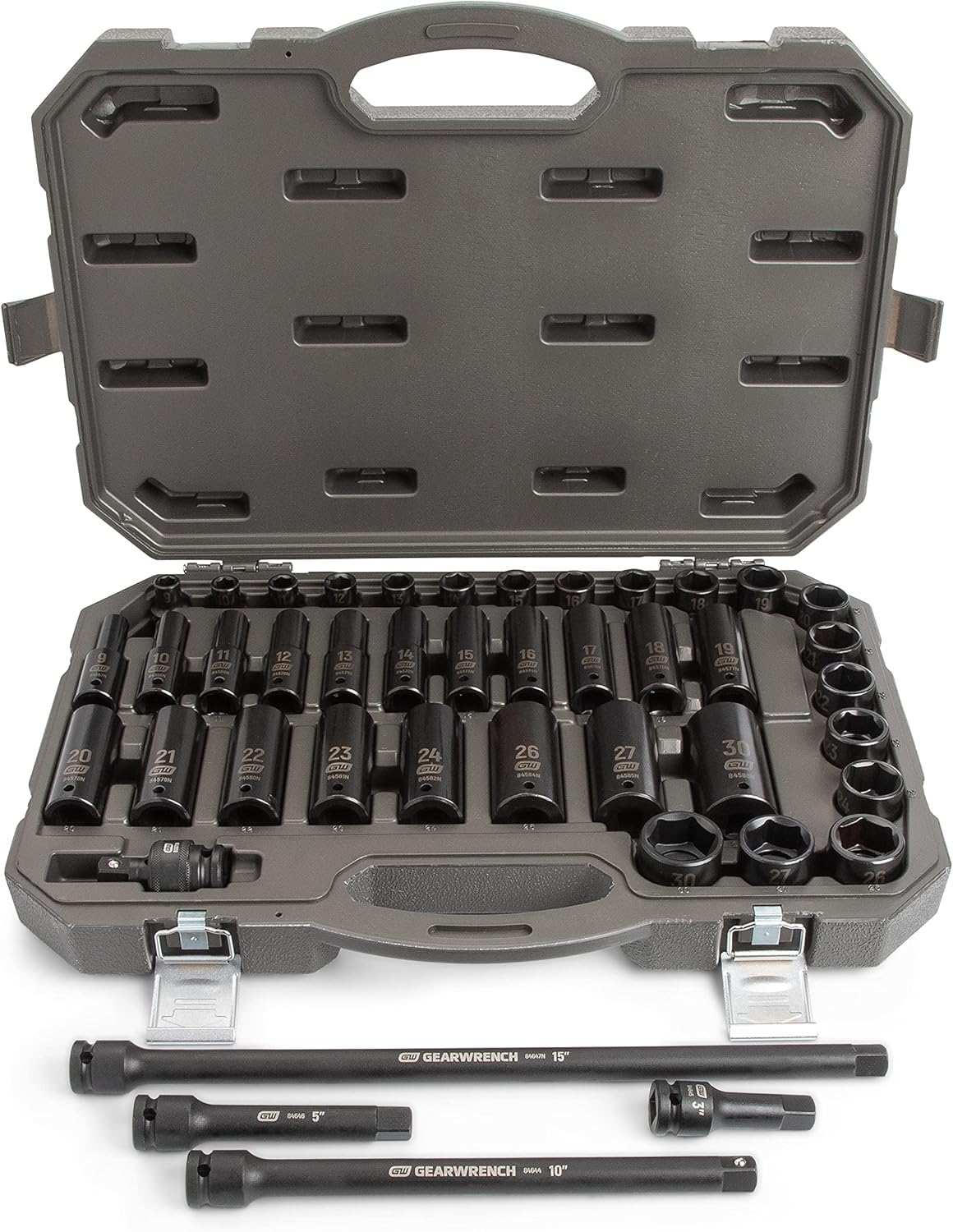 The GEARWRENCH 84948N 39-piece impact socket set shown in its open blow-molded case, with three impact extensions (5-inch, 10-inch, 15-inch) and a universal joint laid out in front.