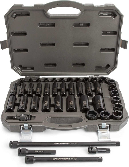 The GEARWRENCH 84948N 39-piece impact socket set shown in its open blow-molded case, with three impact extensions (5-inch, 10-inch, 15-inch) and a universal joint laid out in front.