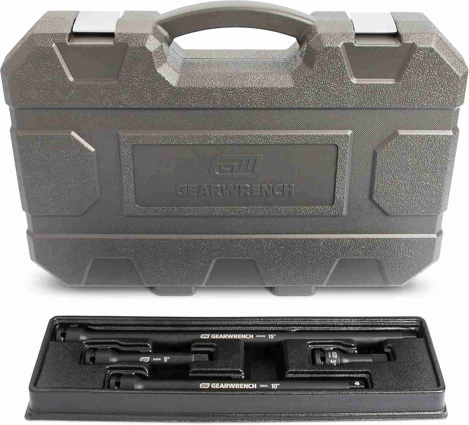 The GEARWRENCH 84946N 1/2-inch drive 4-piece impact extension set, showing the closed case and the open tray with 5-inch, 10-inch, and 15-inch extensions and a universal joint.