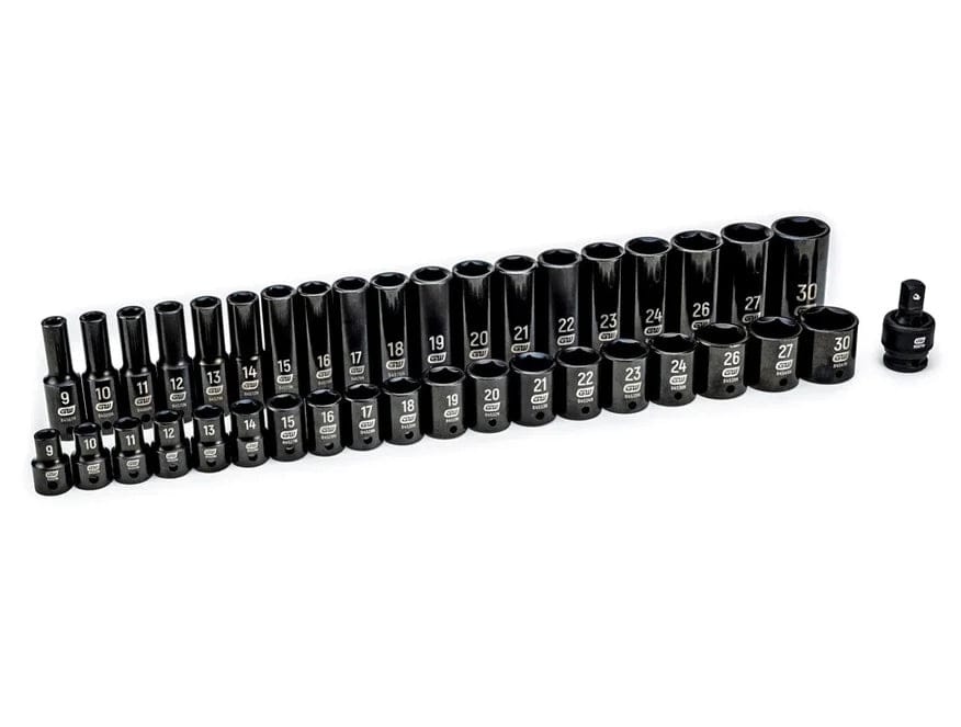 The complete 39-piece GEARWRENCH 1/2-inch drive impact metric socket set (84948N), including all standard and deep sockets and the universal joint, laid out on a white background.