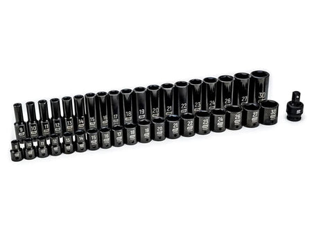 The complete 39-piece GEARWRENCH 1/2-inch drive impact metric socket set (84948N), including all standard and deep sockets and the universal joint, laid out on a white background.
