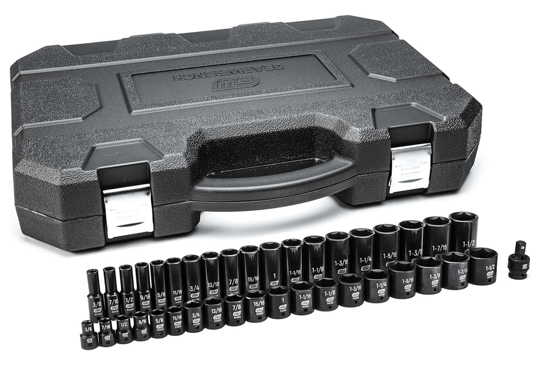 The GEARWRENCH 39-piece 1/2-inch drive impact socket set, model 84947N, with all standard and deep sockets arranged in two rows in front of the closed black blow-molded case.
