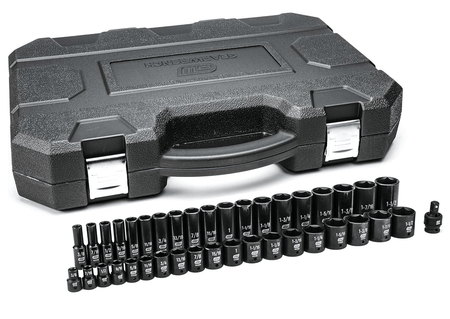 The GEARWRENCH 39-piece 1/2-inch drive impact socket set, model 84947N, with all standard and deep sockets arranged in two rows in front of the closed black blow-molded case.
