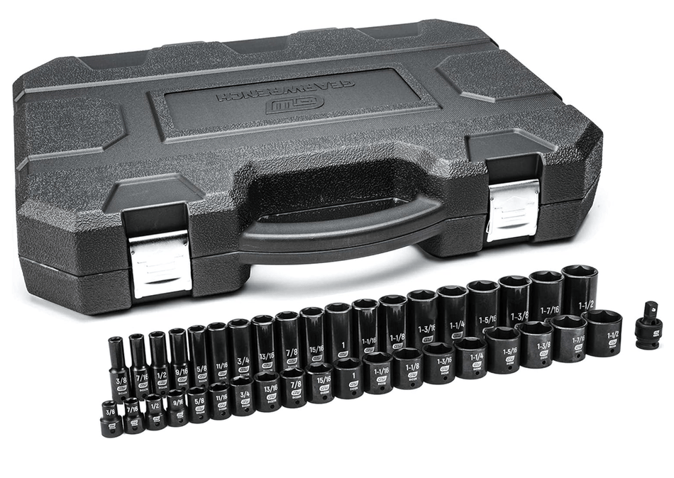 The GEARWRENCH 39-piece 1/2-inch drive impact socket set, model 84947N, with all standard and deep sockets arranged in two rows in front of the closed black blow-molded case.