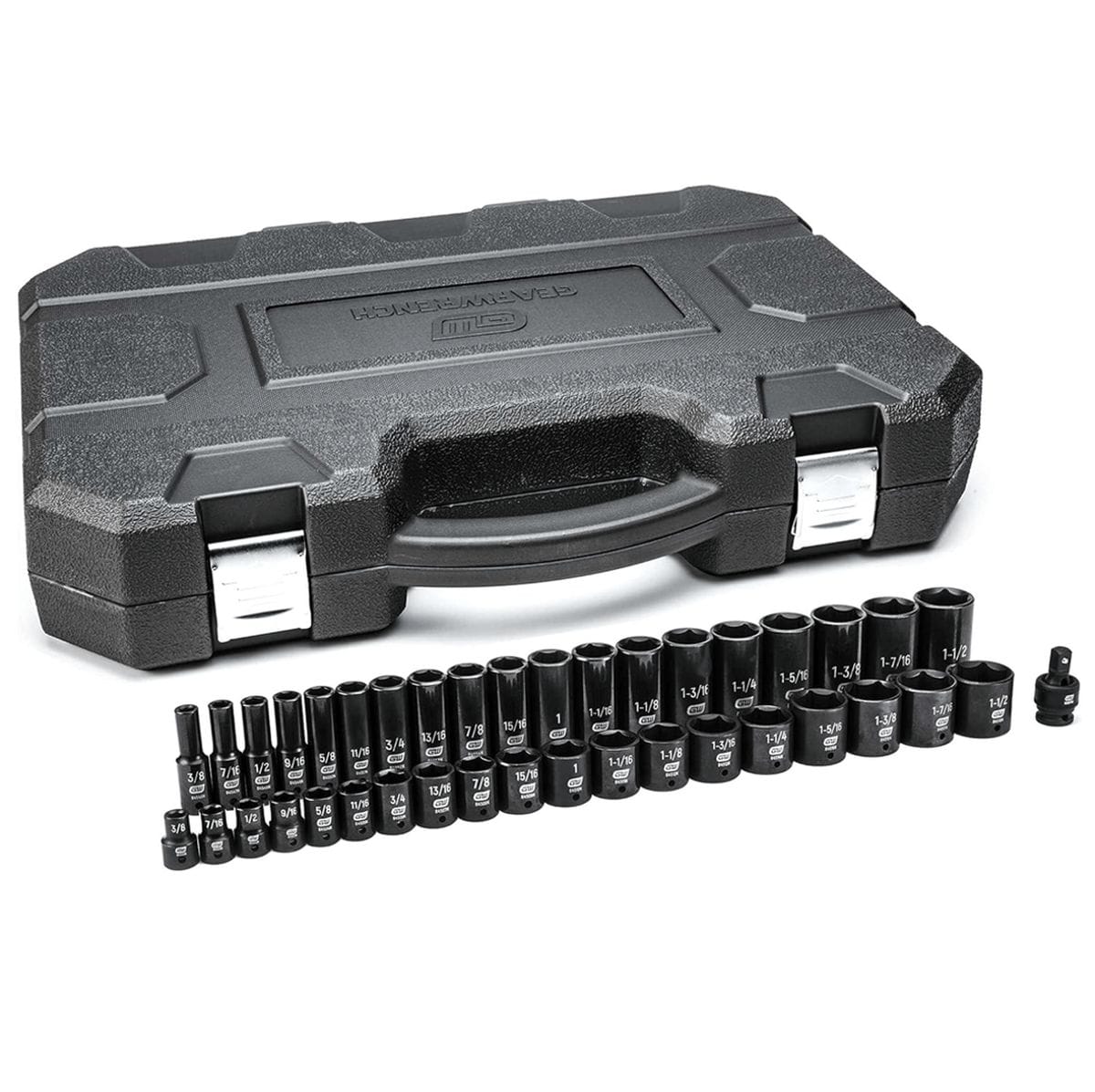 The GEARWRENCH 39-piece 1/2-inch drive impact socket set, model 84947N, with all standard and deep sockets arranged in two rows in front of the closed black blow-molded case.