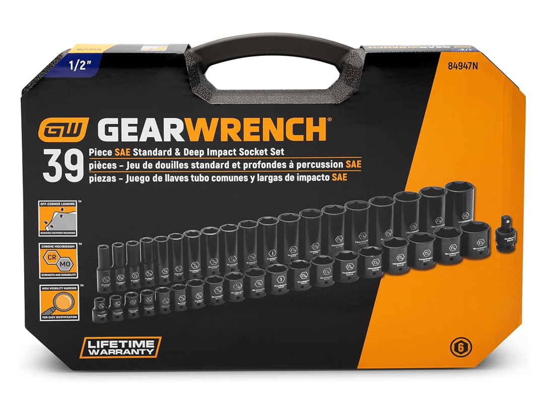 The front of the GEARWRENCH 84947N product packaging, showing the 39-piece SAE standard and deep impact socket set and its black carrying case.