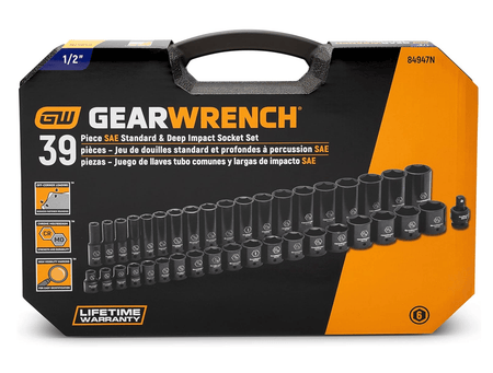 The front of the GEARWRENCH 84947N product packaging, showing the 39-piece SAE standard and deep impact socket set and its black carrying case.