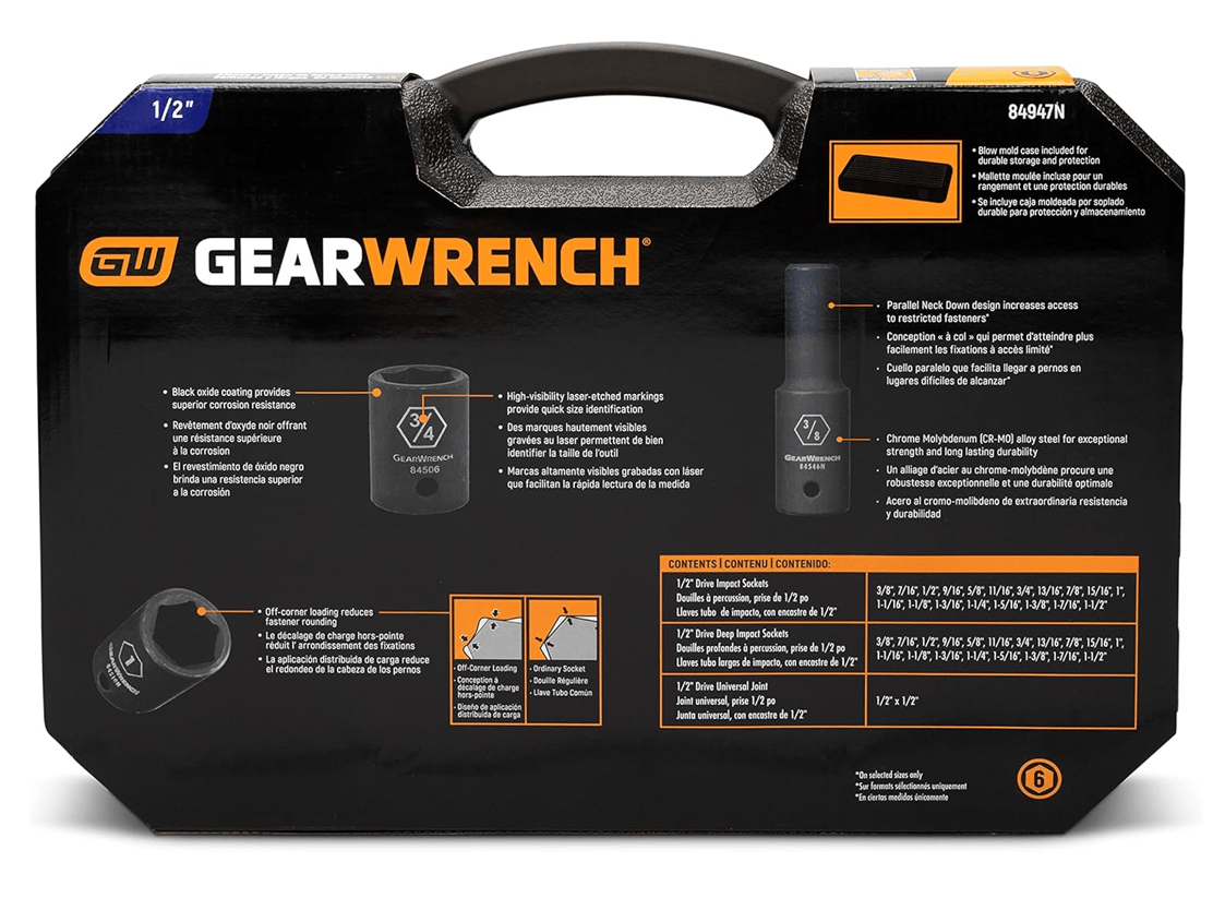 The back of the GEARWRENCH 84947N product packaging, detailing features like "Black oxide coating" and "Off-corner loading," and listing all 39 socket sizes included.