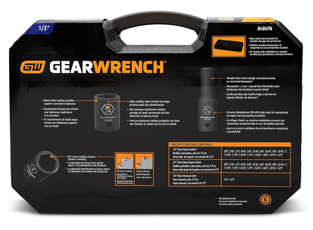 The back of the GEARWRENCH 84947N product packaging, detailing features like "Black oxide coating" and "Off-corner loading," and listing all 39 socket sizes included.